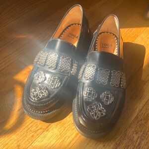toga pulla leather loafers silver hardware size 38